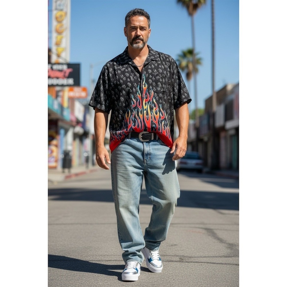 Big Dog Shirt‎ Mens 2XL Black Flame Print Camp Collar Button-Up Short sleeve Y2K